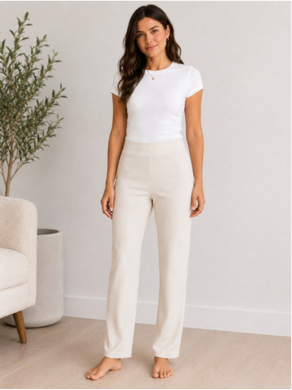 Eileen Fisher Cream Straight Leg Pull-On Stretch Pants Size Small